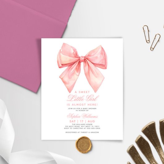 Papier Invitation au Baby shower Budget Blush Pink Bow