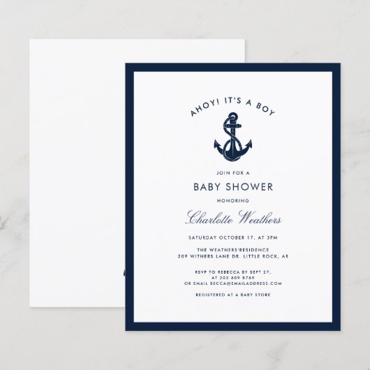 Papier Invitation au Baby shower d'Ancre bleu marine (Devant / Derrière)