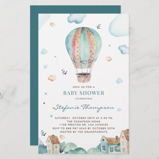 Papier Invitation au Baby shower de ballons à air chaud v (Devant / Derrière)