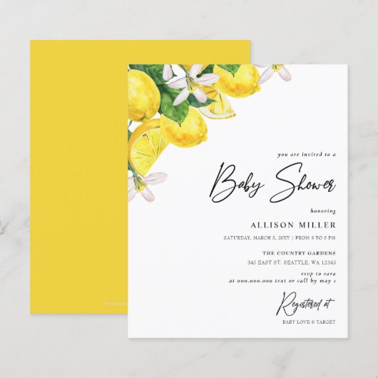 Papier Invitation au Baby shower de citron jaune Budget (Devant / Derrière)