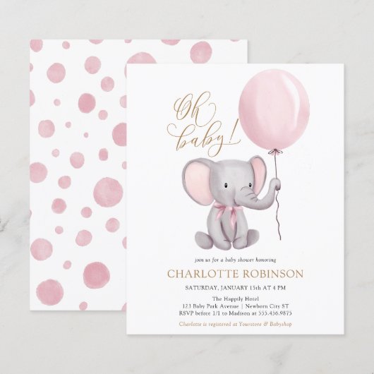 Papier Invitation au Baby shower de fille d'éléphant rose (Devant / Derrière)