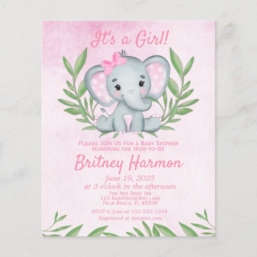 Papier Invitation au Baby shower de fille d'éléphant rose (Devant)