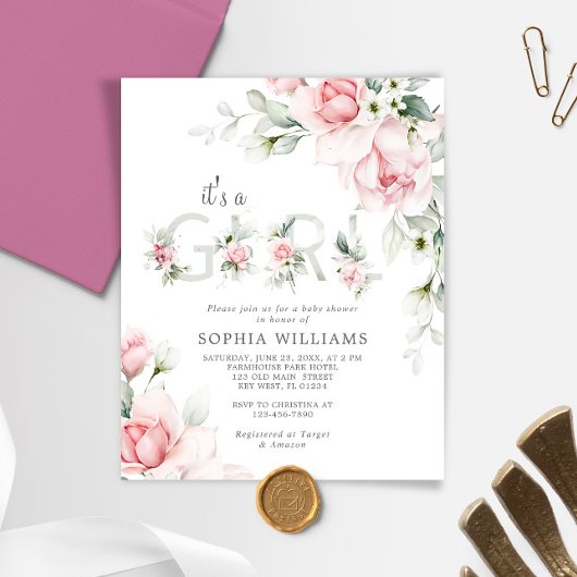 Papier Invitation au Baby shower de fille Rose souple bud