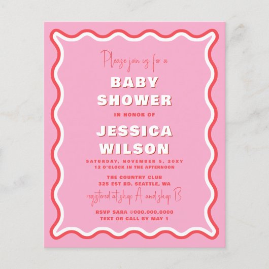 Papier Invitation au Baby shower de filles roses à budget (Devant)