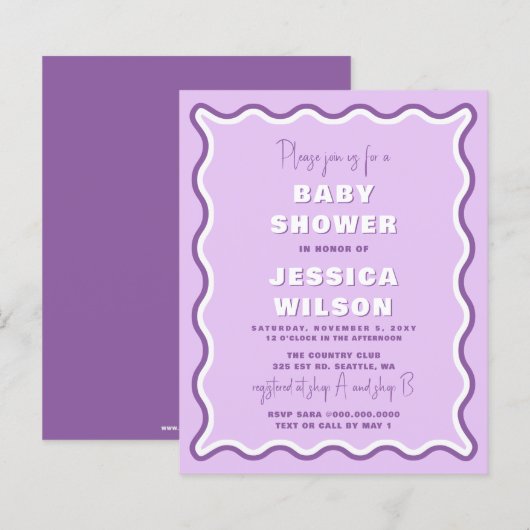 Papier Invitation au Baby shower de filles violettes à bu (Devant / Derrière)