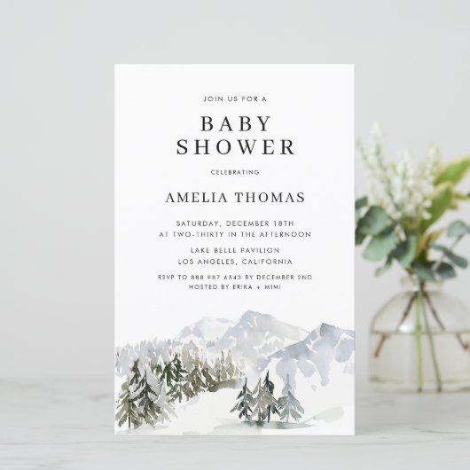Papier Invitation au Baby shower de forêt hivernale de ne (Debout devant)