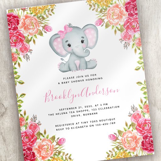 Papier Invitation au Baby shower de la fille éléphante BU