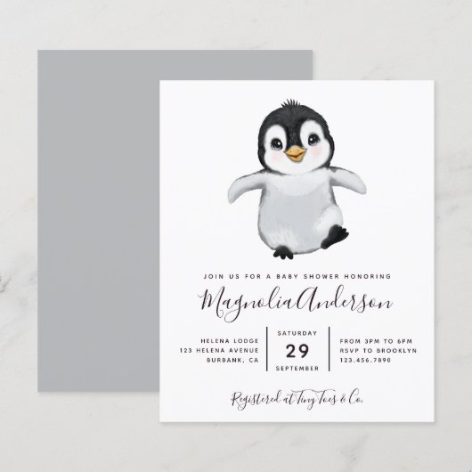 Papier Invitation au Baby shower de pingouin mignon du bu (Devant / Derrière)