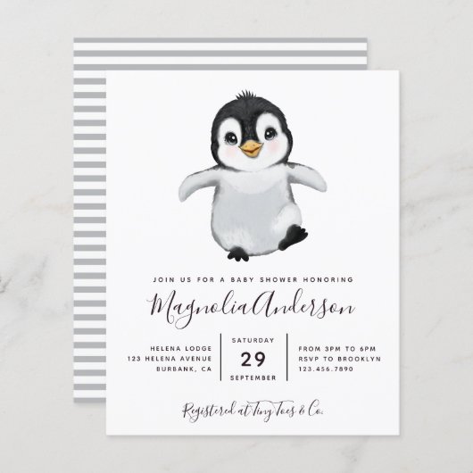 Papier Invitation au Baby shower de pingouin mignon du bu (Devant / Derrière)