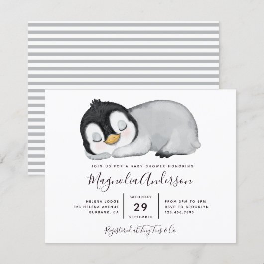 Papier Invitation au Baby shower de pingouin mignon du bu (Devant / Derrière)