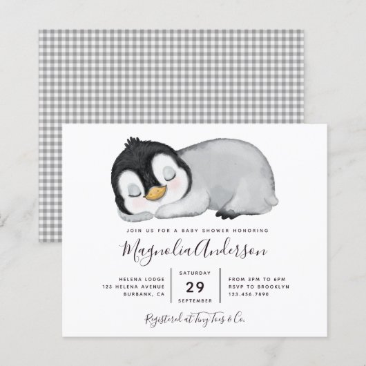 Papier Invitation au Baby shower de pingouin mignon du bu (Devant / Derrière)
