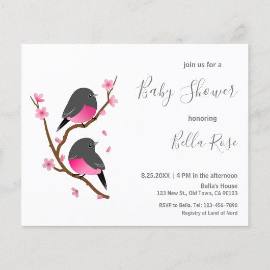 Papier Invitation au Baby shower d'oiseaux roses (Devant)