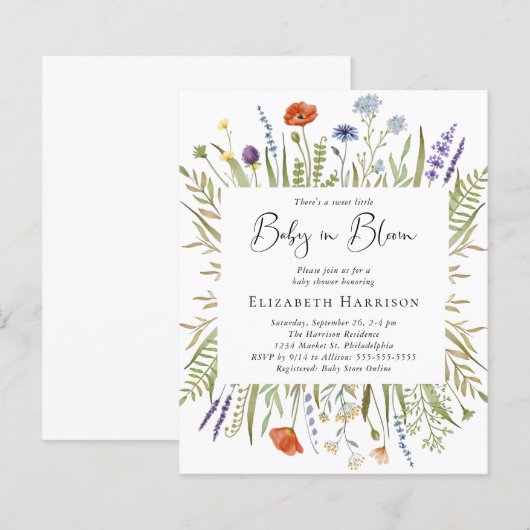 Papier Invitation au Baby shower du Fleur sauvage budgéta (Devant / Derrière)