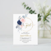 Papier Invitation au Baby shower floral rose et marine Bu (Debout devant)