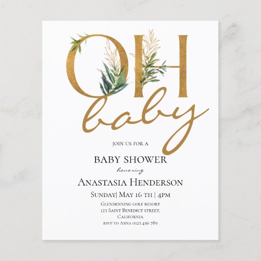 Papier Invitation au Baby shower Gold Elegant Budget. (Devant)