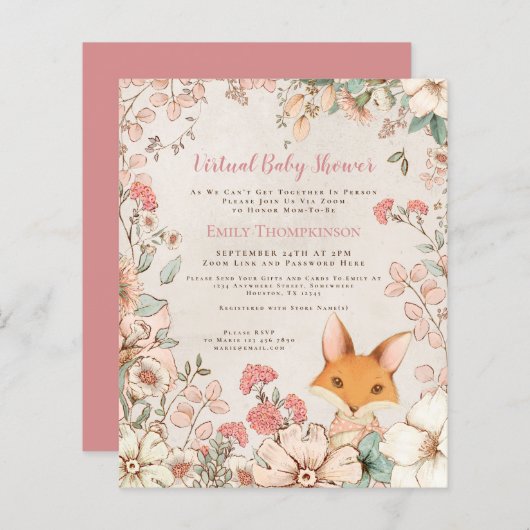 Papier Invitation au Baby shower virtuel de la fille Fox (Devant / Derrière)