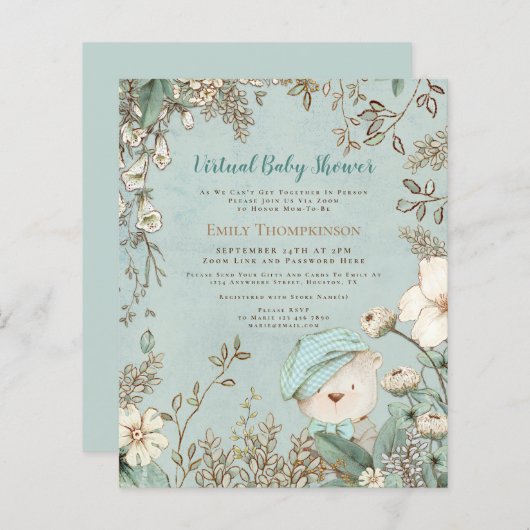 Papier Invitation au Baby shower virtuel de l'ours budget (Devant / Derrière)