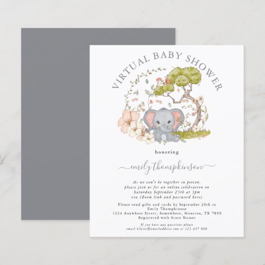 Papier Invitation au Baby shower virtuel Eléphant Budget (Devant / Derrière)