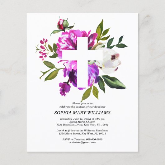Papier Invitation au baptême croisé violet et blanc budgé (Devant)