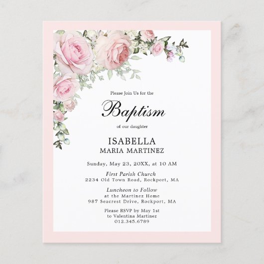 Papier Invitation au baptême floral rose (Devant)