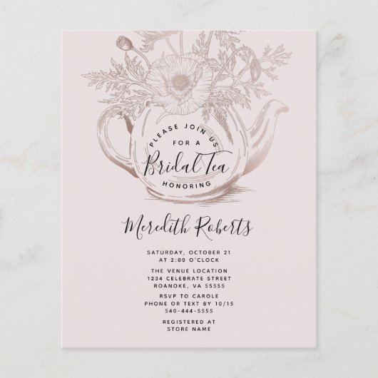 Papier Invitation au thé nuptiale pour théière Rose d'or  (Devant)