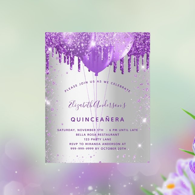 Papier Invitation avec ballons argent violet pour Quincea (Créateur téléchargé)