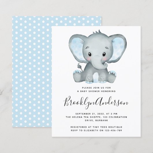 Papier Invitation Baby shower Blue Elephant BUDGET (Devant / Derrière)