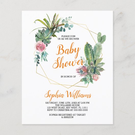Papier Invitation Baby shower Boho Cactus Budget (Devant)