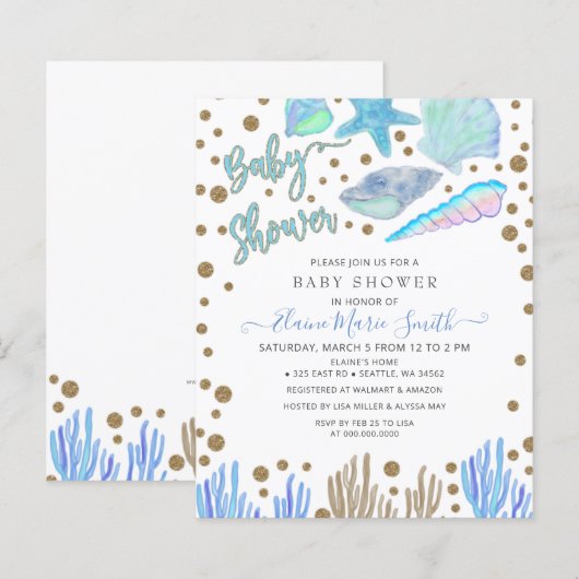 Papier Invitation Baby Shower Budget Blue Coquillages Pla (Devant / Derrière)