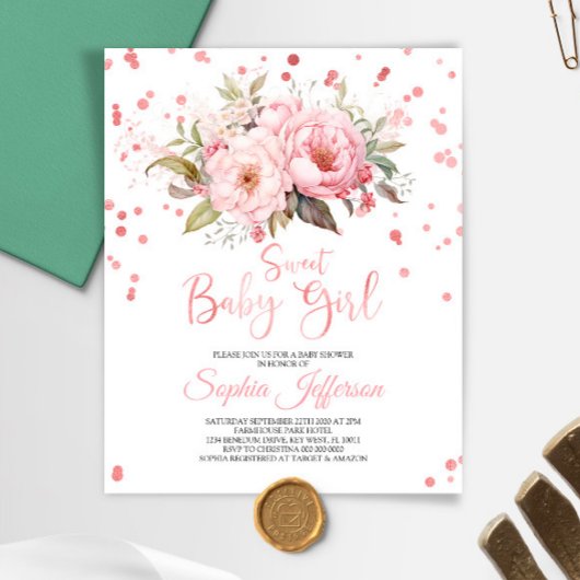 Papier Invitation Baby shower Budget Blush Rose Fleurs