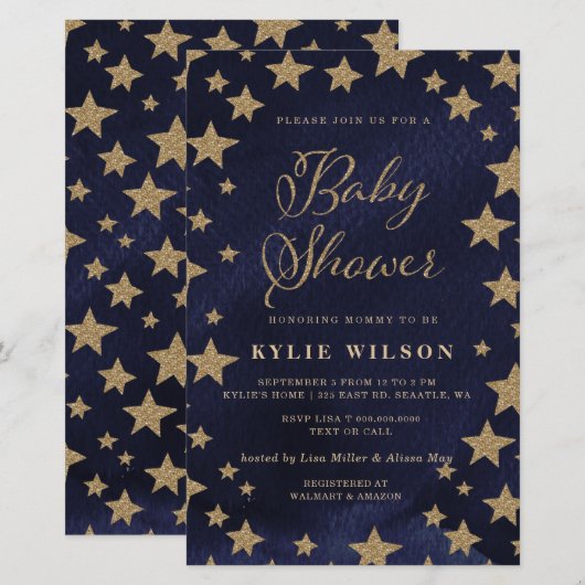 Papier Invitation Baby shower Budget Gold Stars (Devant / Derrière)