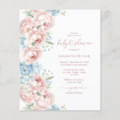Papier Invitation Baby shower Budget Rose & Fleurs Bleues (Devant)
