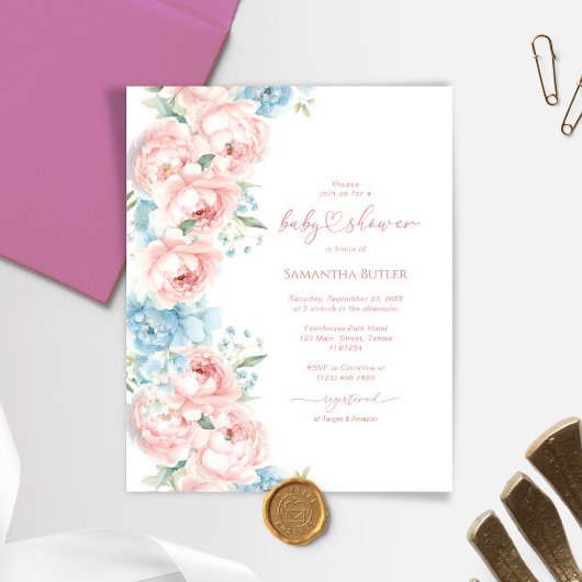 Papier Invitation Baby shower Budget Rose & Fleurs Bleues