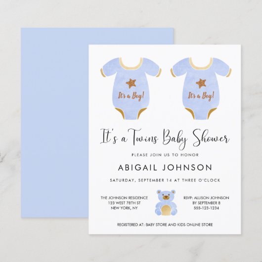 Papier Invitation Baby shower Budget Twin Boys (Devant / Derrière)