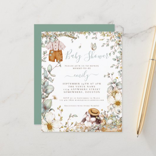 Papier Invitation Baby shower Bunny Sage Boy (Devant/Arrière en situation)