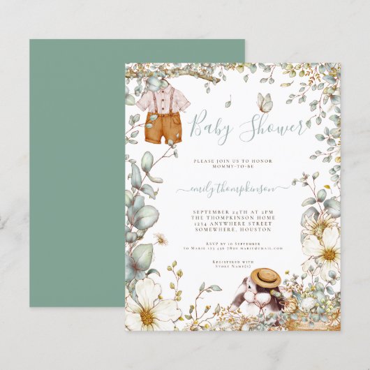 Papier Invitation Baby shower Bunny Sage Boy (Devant / Derrière)