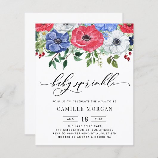 Papier Invitation Baby shower d'anémone rouge, blanc et b (Devant / Derrière)