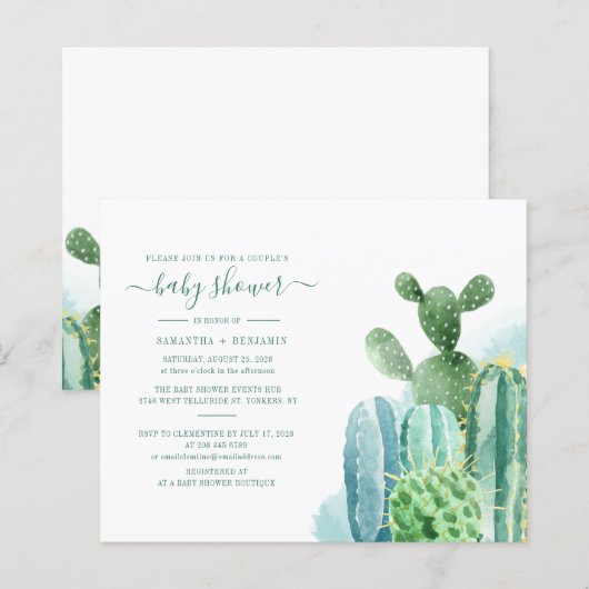 Papier Invitation Baby shower de Cactus aquarelle Couples (Devant / Derrière)