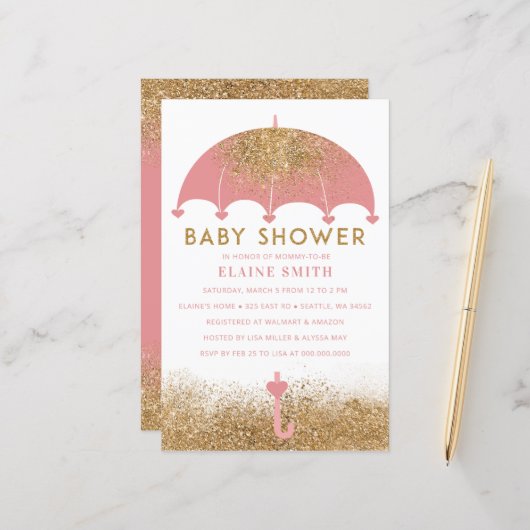 Papier Invitation Baby shower de fille rose parapluie bud (Devant/Arrière en situation)