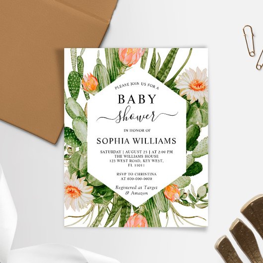 Papier Invitation Baby shower de fleurs de cactus budgéta