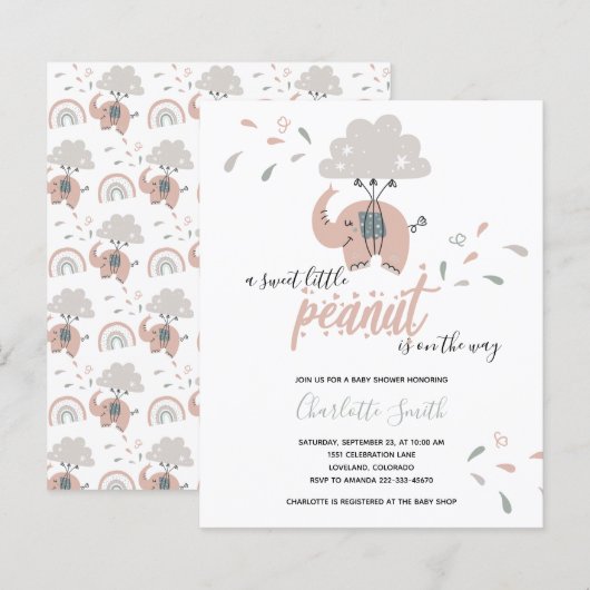 Papier Invitation Baby shower de la fille rose Eléphant B (Devant / Derrière)