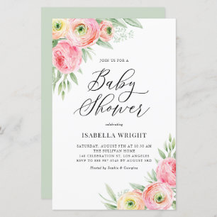 Papier Invitation Baby shower de printemps rose Ranunculu