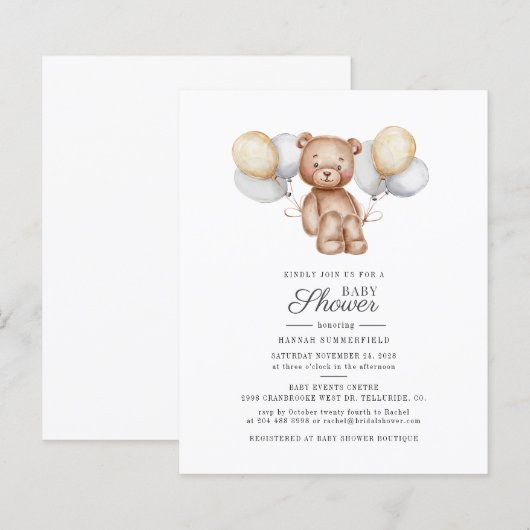 Papier Invitation Baby shower de script de ballons d'ours (Devant / Derrière)