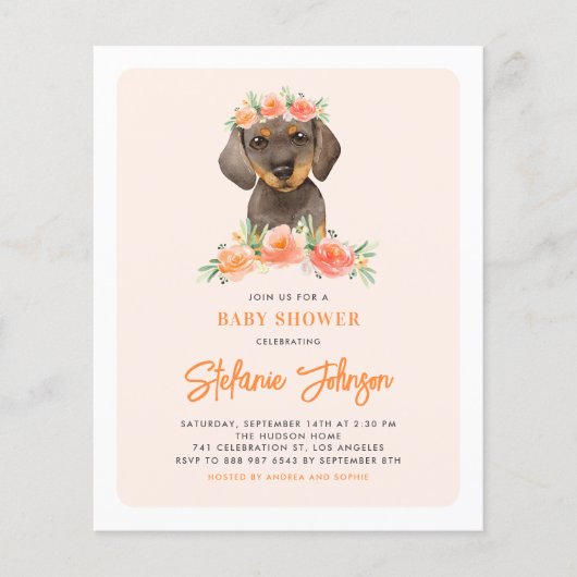 Papier Invitation Baby shower des fleurs de dachshund et  (Devant)