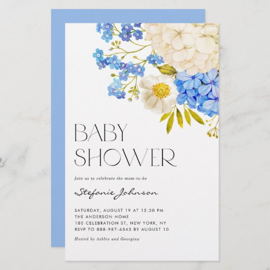 Papier Invitation Baby shower des hydrangées bleu et blan (Devant / Derrière)