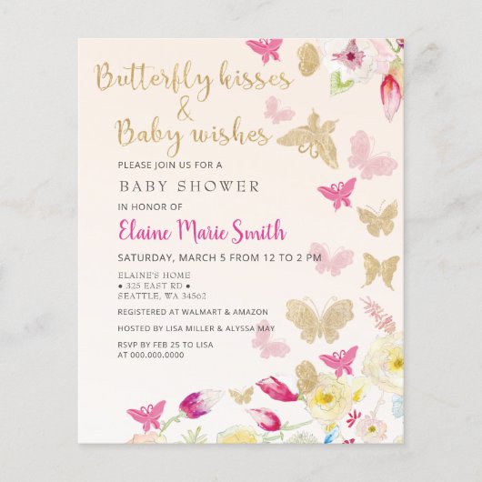 Papier Invitation Baby shower des papillons rose budget (Devant)