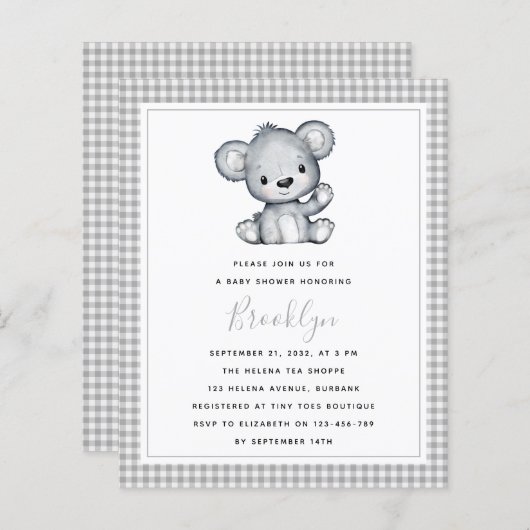 Papier Invitation Baby shower d'ours d'argent BUDGET (Devant / Derrière)