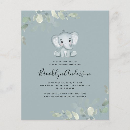 Papier Invitation Baby shower Eucalyptus Elephant BUDGET (Devant)