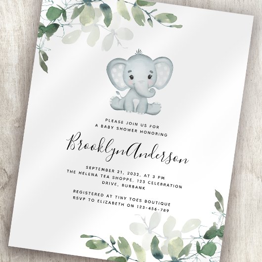 Papier Invitation Baby shower Eucalyptus Elephant BUDGET