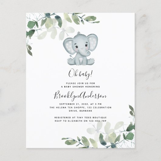 Papier Invitation Baby shower Eucalyptus Elephant BUDGET (Devant)